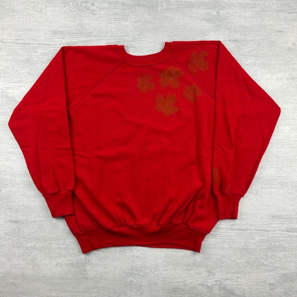 Vintage 80s Leaf Sweatshirt Size XL Red Fall Leaves Raglan Crewneck